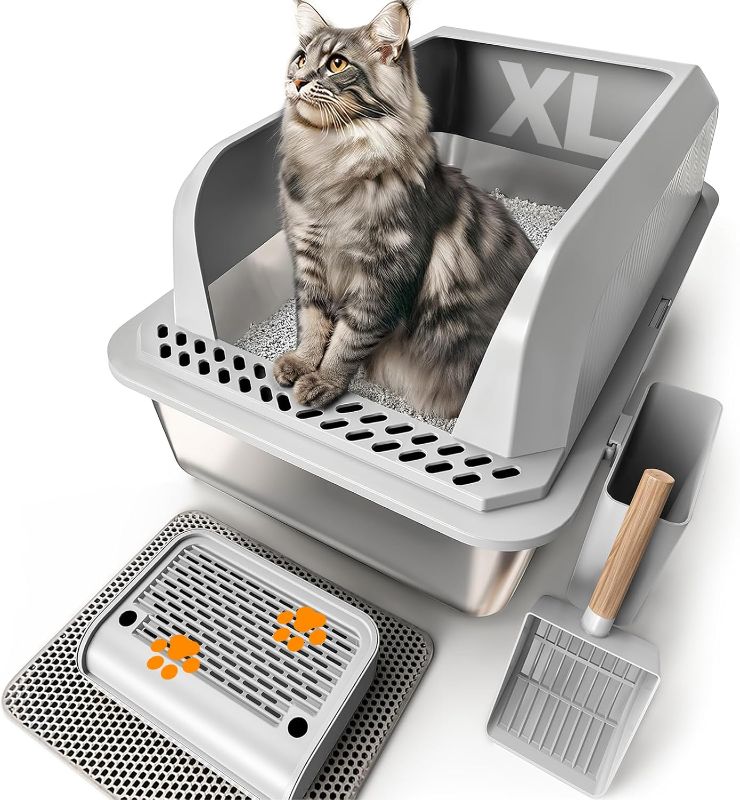 Photo 1 of Stainless Steel Cat Litter Box with Lid, XL Large Litter Box for Big Cats, Enclosed Kitty Litter Pan with High Sides, Anti-Leakage & Non-Stick, Easy to Clean, Included Scoop, Aisle and Mat