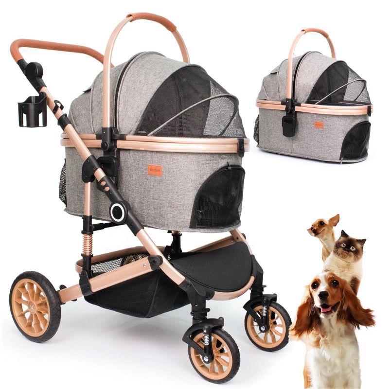 Photo 1 of Pet Stroller with 4 Wheels, Foldable Pet Travel Carrier for Small/Medium Dogs Cats up to 50lbs, Detachble Portable Pet Bag, Storage Basket, Car Seat 3 in 1 Multifunctional (Grey)