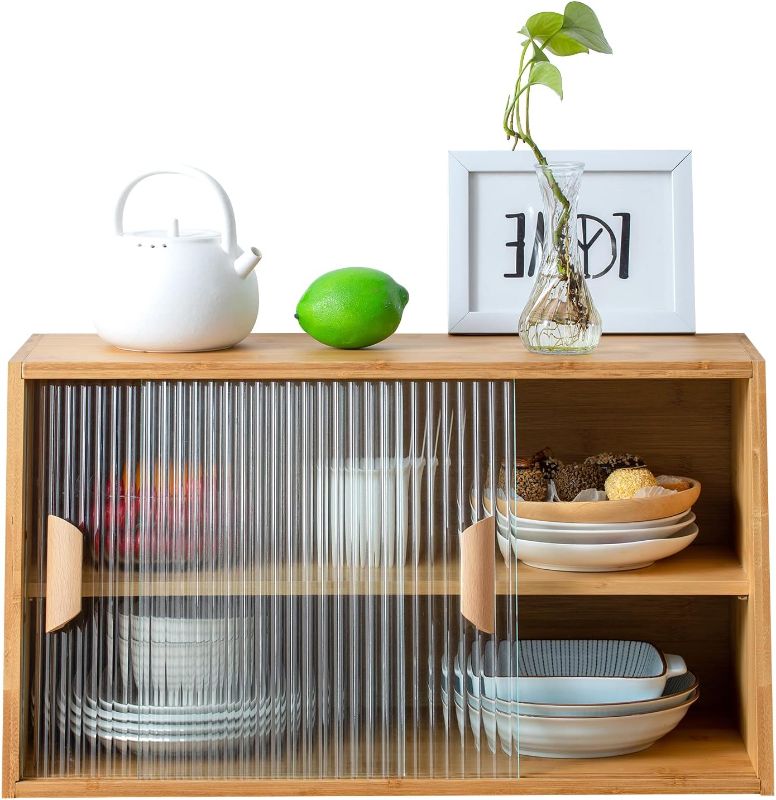 Photo 1 of HollyHOME Small Bamboo Kitchen Pantry Sideboard with 2 Sliding Striped Glass Doors, Freestanding Countertop Storage Cabinet for Bottles, Dish, Bowl, Console Dining Cupboard, Burlywood