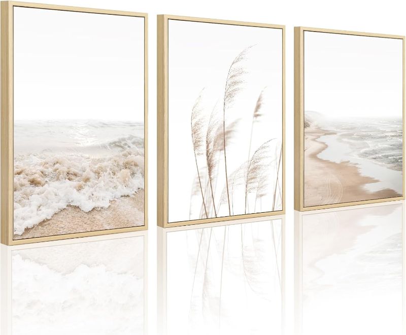 Photo 1 of Beach Wall Art Boho Prints Coastal Canvas Wall Art FRAMED, Beach Pictures Wall Art Pampas Grass Ocean Poster Plant Landscape Beach Scene Artwork for Living Room Bedroom Decor 16x24 Inch, Set of 3