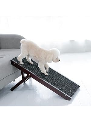 Photo 1 of MEWANG 19" Tall Adjustable Pet Ramp - Wooden Folding Portable Dog & Cat Ramp Perfect for Bed and Car - Non Slip Carpet Surface 4 Levels Height Adjustable Ramp Up to 90 Pounds - Small Dog Use Only
