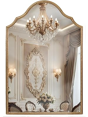 Photo 1 of Scalloped Arch Wall Mirror for Bathroom, Antique Gold 24"x36" Metal Beaded Frame Decorative Accent Mirror for Bedroom, Living Room, Entryway, Bathroom
