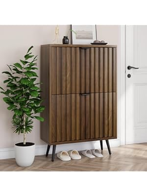 Photo 1 of Smuxee Shoe Cabinet with 2 Flip Drawers, 23.6" Walnut Hidden Shoe Storage Cabinet with Fluted Design, Freestanding Shoe Organizer Cabinet for Entryway, Hallway, Closet, Living Room
