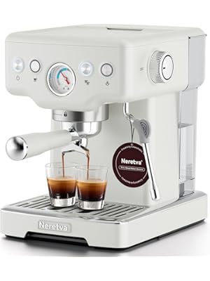 Photo 1 of Neretva Espresso Machine, 1450W Stainless Steel Coffee and Espresso Maker Combo with Milk Frother 15Bar Visible Pressure Guage Espresso Coffee Machine for Espresso/Latte/Cappuccino/Home Barista-White
