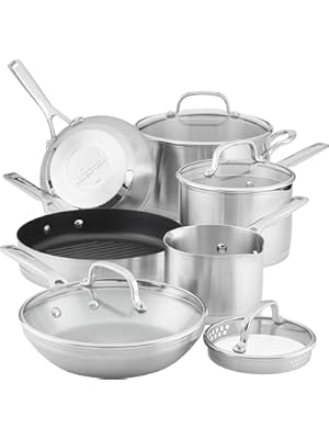 Photo 1 of KitchenAid 3-Ply Base Stainless Steel Cookware Pots and Pans Set, 10 Piece, Brushed Stainless
