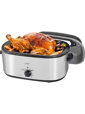 Photo 1 of Sunvivi Roaster Oven, Electric Roaster Oven with Viewing Lid, 30lb 26-Quart Turkey Roaster with Unique Defrost/Warm Function, Large Roaster with Removable Pan & Rack, Stainless Steel, Silver
