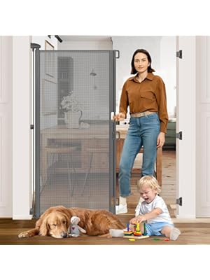 Photo 1 of 65” Extra Tall Pet Gate Indoor Gate 55” Wide Baby Gate Retractable Dog Gate Outdoor Gates for Decks Retractable Baby Gates for Doorways Tall Dog Gate for Front Door Mesh Gates for Kids or Pets, Gray
