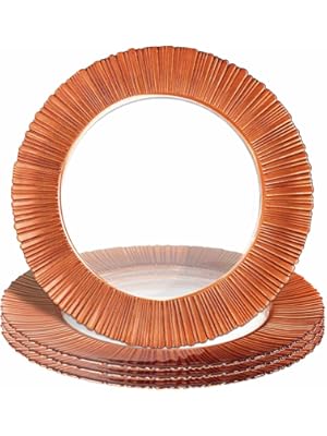 Photo 1 of 13 Inch Clear Glass Charger Plates with Rose Gold Trim, 4 Packs Glass Chargers Service Plates, Glass Chargers for Wedding Birthday and Various Occasions (Clear with Orange Edge)
