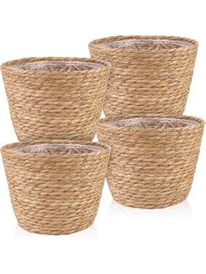 Photo 1 of 4 Pcs Large Premium Seagrass Planter Basket with Plastic Lining Natural Stylish Planter Baskets Indoor Outdoor Plants Woven Wicker Baskets for Plants Flower Pots Cover and Room Decor(10.2x7.5x7.5")

