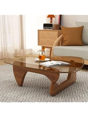 Photo 1 of Triangle Glass Coffee Table-Mid-Century Modern End Table Solid Wood Base and Vintage Tempered Transparent Glass Top Coffee Tables Living Room Balcony (36 * 25.6 * 16, Walnut Teal)
