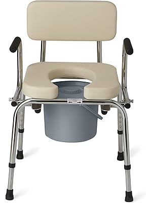 Photo 1 of Medline Drop Arm Commode with Padded Seat and Backrest, Durable Toilet Chair for Adults and Seniors, Removable Pail, Splash Guard, Drop Down Arms for Easy Transfer, 350 lb. Weight Capacity, Tan
