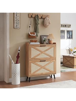 Photo 1 of Shoe Storage Cabinet, Boho Shoe Organizer with 2 Flip Drawers & Rattan Design,Farmhouse Freestanding Hidden Slim Narrow Shoe Rack Cabinet for Entryway, Foyer,Hallway, Natural
