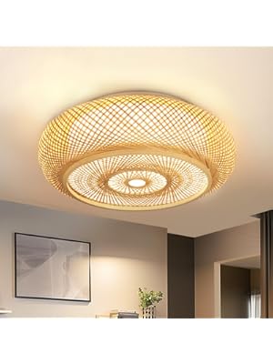 Photo 1 of LED Ceiling Light 15.74in Hand-Woven Drum Bamboo Rattan Boho Living Room Light Fixture 40W Flush Mount Ceiling Light 3000-6000K with Remote Ceiling lamp for Bedroom Cafe Farmhouse
