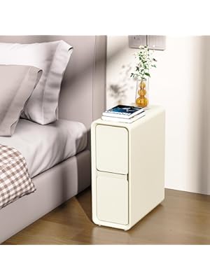 Photo 1 of VICITON Modern Narrow Faux Leather Nightstand, Solid Wood Drawer, Storage Accent Table, Small Side End Table for Bedroom (White, Narrow)
