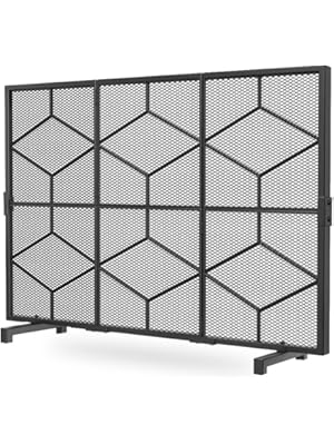 Photo 1 of Amagabeli Decorative Fireplace Screen 38x31in for Wood Burning Fireplace Stove Wrought Iron Flat Single Panel Stand Alone Cover with Fire Spark Guard Safety Mesh Modern Indoor Outdoor Black
