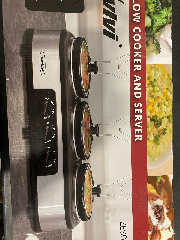 Photo 3 of Sunvivi Slow Cooker, Triple Slow Cooker Buffet Server and Food Warmer, 3-Section 1.5-Quart Upgraded Oval Ceramic Pot with Stainless Steel Lid Rests, 3 Spoons, Total 4.5 QT
