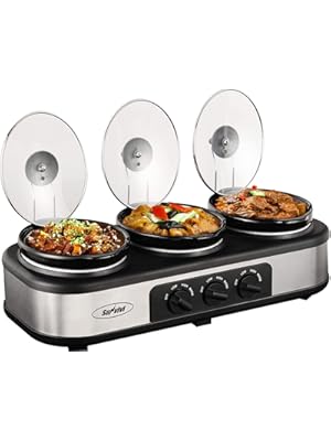 Photo 1 of Sunvivi Slow Cooker, Triple Slow Cooker Buffet Server and Food Warmer, 3-Section 1.5-Quart Upgraded Oval Ceramic Pot with Stainless Steel Lid Rests, 3 Spoons, Total 4.5 QT
