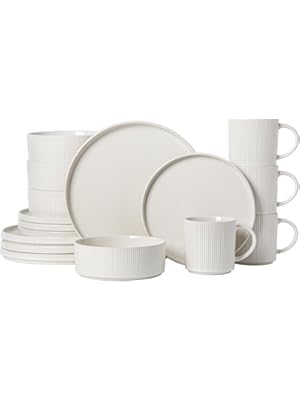 Photo 1 of MONITO Ceramic Dinnerware 16 Pieces Dinner Set,Plates Pasta Bowls Cereal Bowls Reactive Change Glaze Dish Sets, Modern Stoneware Dishes,Gift, Creamy white
