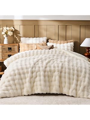 Photo 1 of Lotus Karen Faux Fur Queen Comforter Set – Cream White Fluffy Comforter Queen Size, Big Bubble Faux Rabbit Fur Bedding Comforter Sets, Warm Cozy Fuzzy Bed Set 3 Pieces, 1 Comforter and 2 Pillowcases
