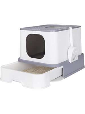 Photo 1 of Rizzari Cat ter Box, Foldable Cat Box with Drawer, Large Capacity Litter Box with Lid, Top Opening Litter Pan for Small to Big Cats (Light Gray)