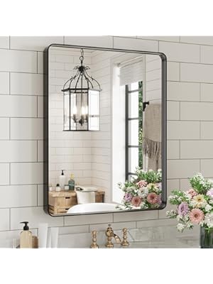 Photo 1 of WEER Black Bathroom Vanity Mirror 20X28 Inch, Rounded Rectangle Black Metal Framed Mirror for Over Sink Wall, Farmhouse Matte Black Mirror, Tempered Glass, Anti-Rust, Hangs Horizontal or Vertical
