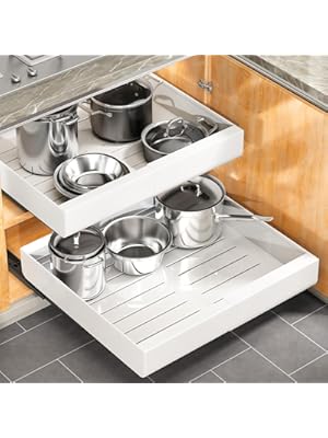 Photo 1 of Pull out Cabinet Organizer, Expandable(11.7"-19.7") Heavy Duty Slide out Drawers Fixed with Adhesive Nano Film for Pots, Roll out Shelf Storage for Kitchen Base Cabinet Organization(White)

