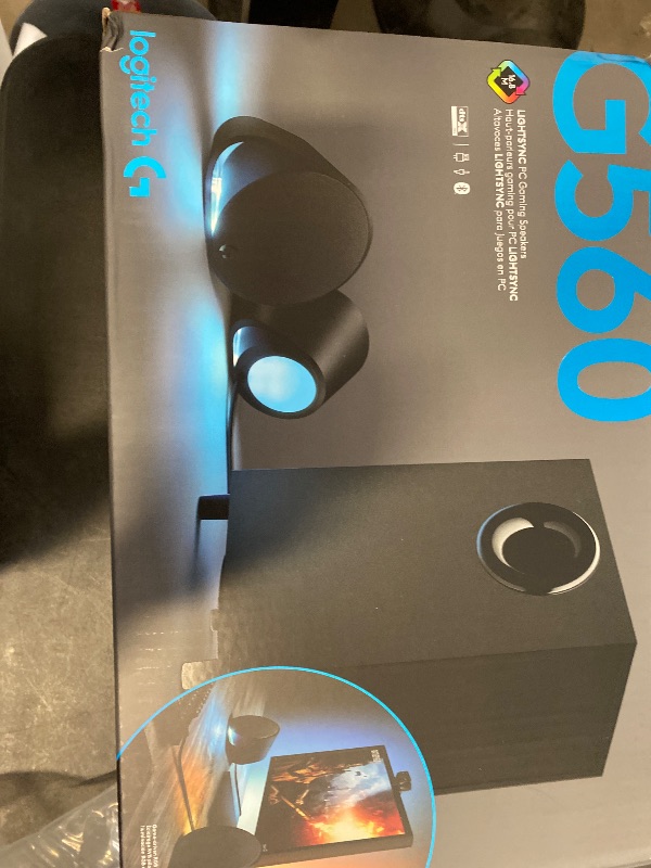 Photo 1 of Logitech G560 PC Gaming Speaker System with 7.1 DTS:X Ultra Surround Sound, Game based LIGHTSYNC RGB, Two Speakers and Subwoofer, Bluetooth, USB, Immersive Gaming Experience - Black
