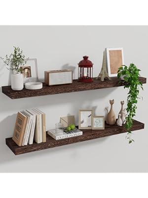 Photo 1 of Marsmiles Wood Floating Shelves for Wall Set of 4, 36 Inch Wide Rustic Wooden Floating Shelves, Invisible Wall Mounted Display for Living Room Bedroom Kitchen Bathroom Office, Rustic Brown

