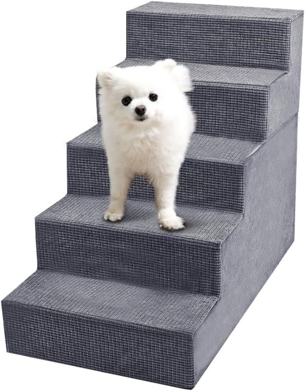 Photo 1 of Niubya Dog Stairs for Small Dog, Dog Steps for High Beds and Couch,23”H Non-Slip Bottom Pet Stairs for Small Dogs and Cats,High-Density Foam Pet Steps Grey, 5 Steps
