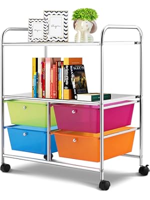 Photo 1 of GOFLAME 4-Drawer Rolling Storage Cart with 2 Shelves, Mobile Utility Cart with Removable Drawers and Metal Frame, Art Craft Drawer Cart with Lockable Wheels for Home, Office, School, Studio, Rainbow
