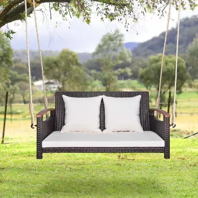 Photo 1 of Costway Patio Rattan Porch Swing 2-Person Hanging Chair Cushioned Loveseat for Backyard