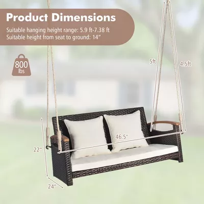 Photo 2 of Costway Patio Rattan Porch Swing 2-Person Hanging Chair Cushioned Loveseat for Backyard