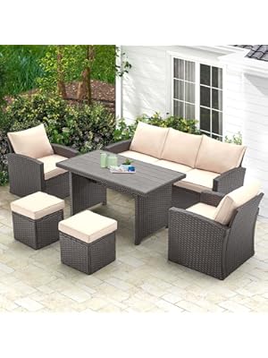 Photo 1 of HOMREST 6 Pieces Patio Furniture Sets Clearance, Patio Dining Sofa Set Outdoor Sectional Sofa Conversation Set All Weather Wicker Rattan Couch Dining Table & Chair (Beige)
