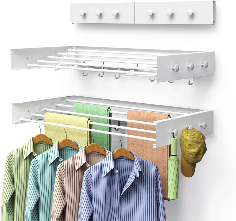 Photo 1 of Drying Rack Clothing,Clothes Drying Rack Wall Mounted,Laundry Drying Rack Wall Mount,Foldable,Collapsible,60 lb Capacity 5 Aluminium Poles with 12 Hooks,Space Saving Clothes Drying Rack,White 31.5"