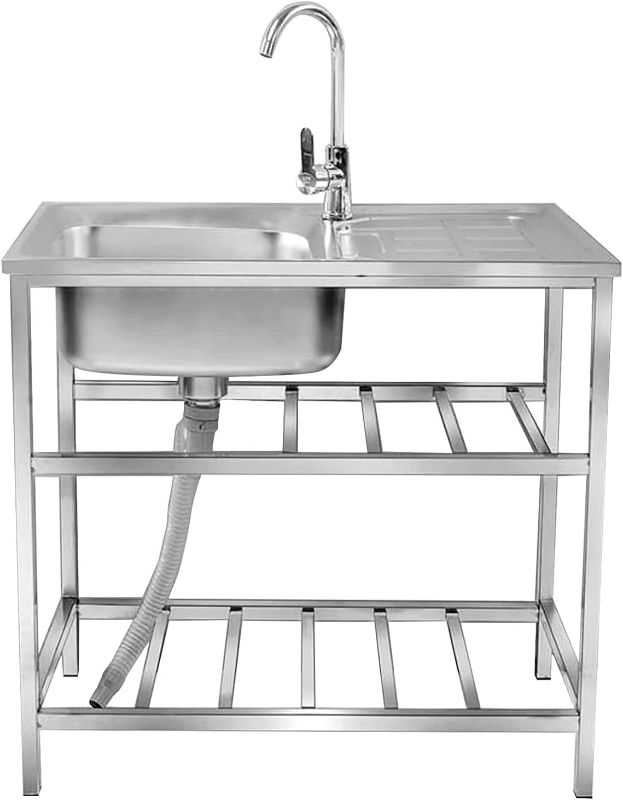 Photo 1 of Outdoor Utility Sink,Free Standing Stainless Steel Laundry Tub, Single Bowl Portable Washing Hand Basin Station,with Cleaning Table&Storage Shelves for Garage, Restaurant, Kitchen,Camping, Backyard
