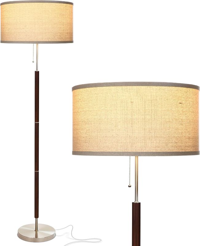 Photo 1 of Brightech Carter LED Floor Lamp, Walnut Wood Finish, Mid-Century Modern Drum Shade for Living Room & Office Decor