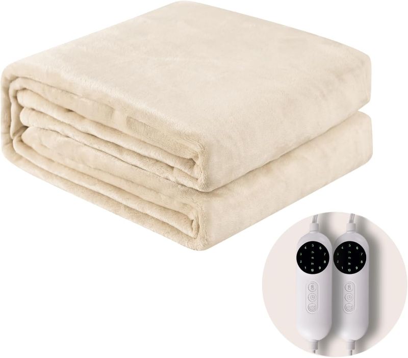 Photo 1 of Heated Blanket Queen Size with Dual Control, Soft Warm Flannel Electric Blanket with 10 Heating Levels & 2/4/8 Hours Auto Off, Fast Heating, Machine Washable, ETL Certification, 84"x90" Beige
