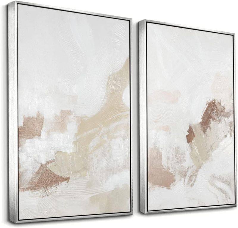 Photo 1 of Framed Neutral Abstract Wall Art Set - Pastel Duotone Tan and White Abstract Illustrations Modern Wall Art Decorative Contemporary for Living Room, Bedroom, Office - 16"x24"x2