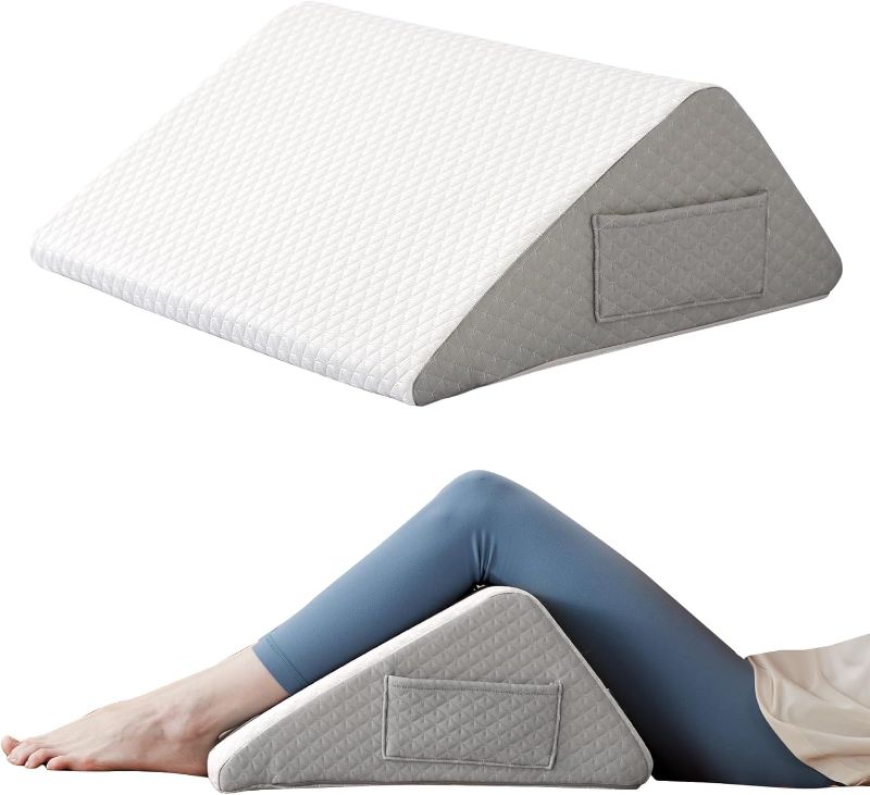 Photo 1 of Knee Wedge Pillow, 8” Knee Pillow for Back Sleeping, Leg Pillow, Triangle Pillow for Knee Support, Bolster Pillow for Legs, Post Surgery Recovery, Back Hip Ankles Pain Relief, White/Grey