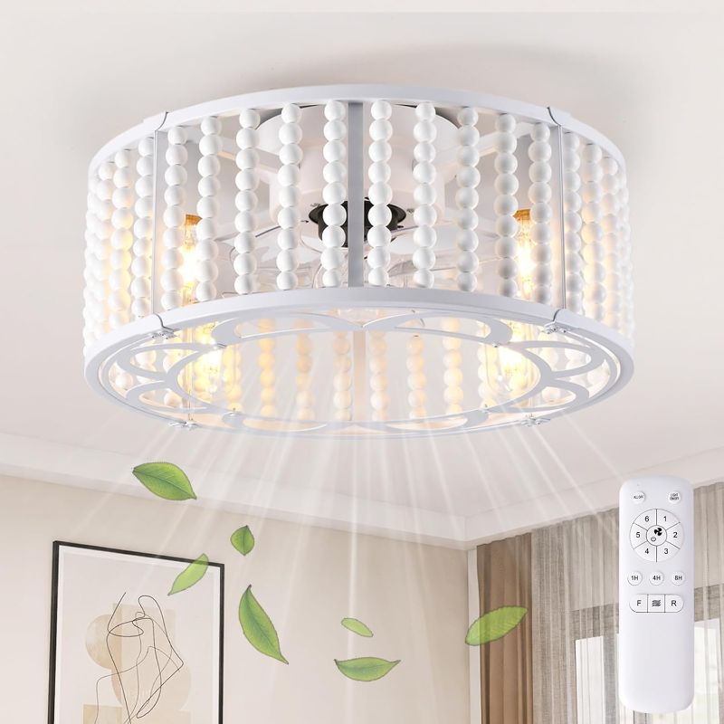 Photo 1 of Ceiling Fans with Lights and Remote, 18" Boho Caged Ceiling Fan with Wood Beaded, Low Profile,Flush Mount 6 Speeds, Ceiling Fan for Bedroom, Living Room, Home Office.Boho fandelier,Off-White.