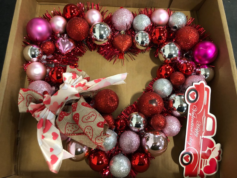 Photo 1 of Truck Needs to Be Super Glued Back On** 15 Inch Valentine's Day Heart Wreath for Front Door Decoration, Tinsel Red Heart Shaped Wreath Valentines Day Love Wreath with Round Balls Wooden Car Bows for Wedding Party Anniversary Home Decoration