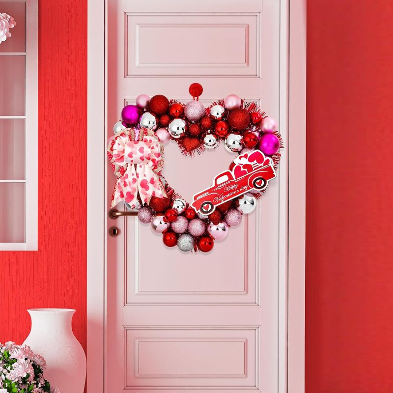Photo 1 of Truck Needs to Be Super Glued Back On** 15 Inch Valentine's Day Heart Wreath for Front Door Decoration, Tinsel Red Heart Shaped Wreath Valentines Day Love Wreath with Round Balls Wooden Car Bows for Wedding Party Anniversary Home Decoration