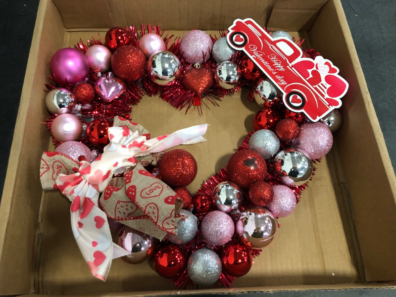 Photo 1 of Truck Needs to Be Super Glued Back On** 15 Inch Valentine's Day Heart Wreath for Front Door Decoration, Tinsel Red Heart Shaped Wreath Valentines Day Love Wreath with Round Balls Wooden Car Bows for Wedding Party Anniversary Home Decoration