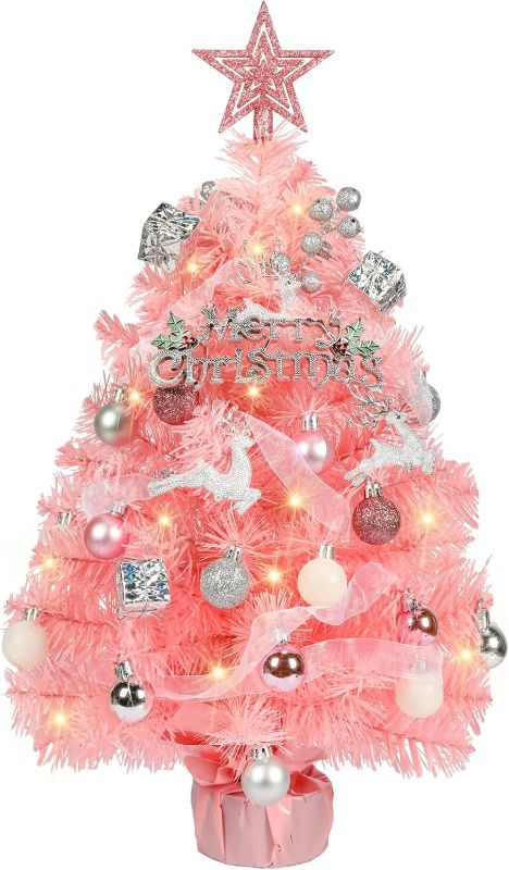 Photo 1 of HMASYO Small Christmas Tree with Lights and Ornaments, 22 Inch Pink Tabletop Mini Christmas Tree with Light, Star Topper, DIY Artificial Table Top Xmas Tree for Holiday Indoor Home Decoration