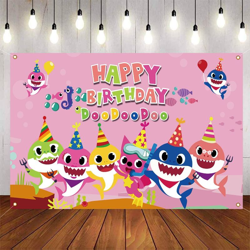 Photo 1 of Cute Shark Backdrop for Birthday Party Supplies (5x3feet) Blue Cartoon Whale Ocean Photo Background for Baby Shower Decoration Boys Girls Photography Backdrop (Pink)