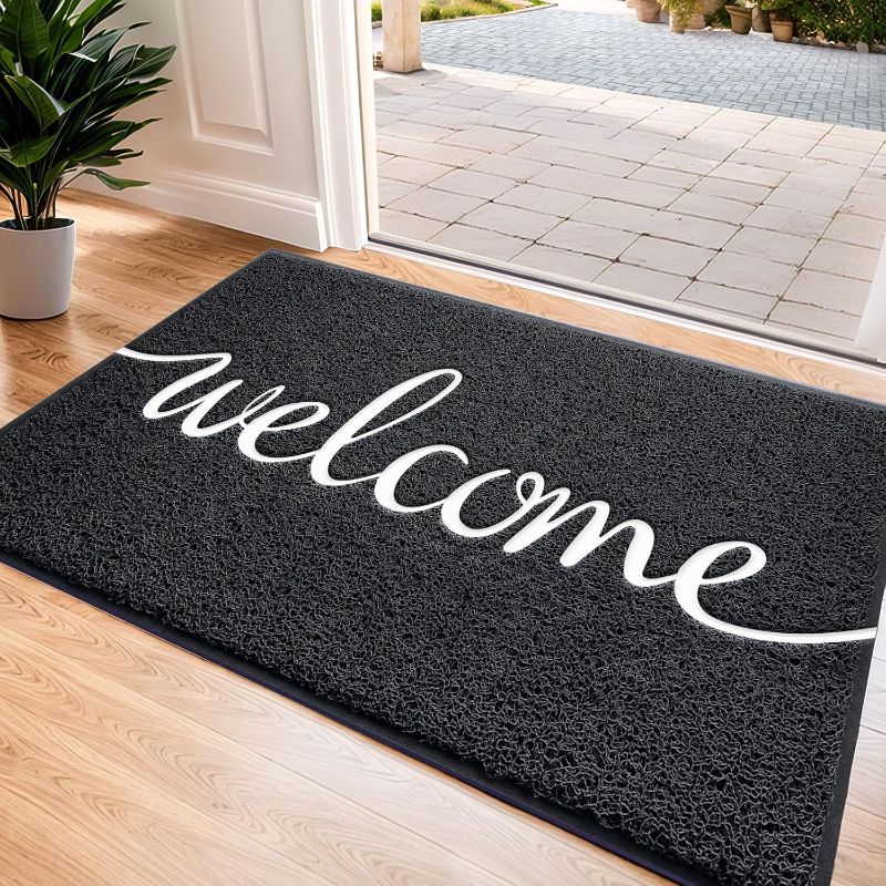 Photo 1 of Black Door Mat Welcome Mats Outdoor Indoor Non-Slip Doormat for Entryway Low-Profile Floor Mat for Yard, Garage, High Traffic Areas (30"x17.5", Black)