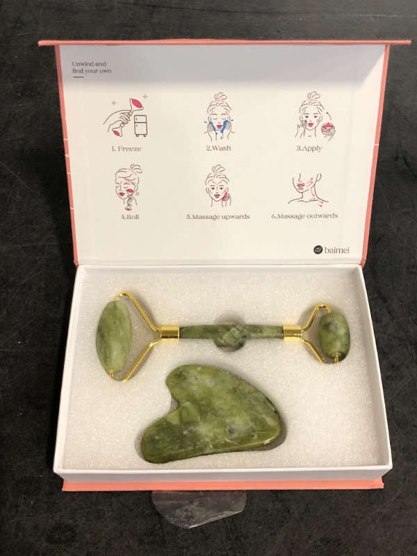 Photo 1 of BAIMEI IcyMe Gua Sha & Jade Roller Facial Tools Face Roller and Gua Sha Set for Puffiness and Redness Reducing Skin Care Routine, Self Care Gift for Men Women - Green