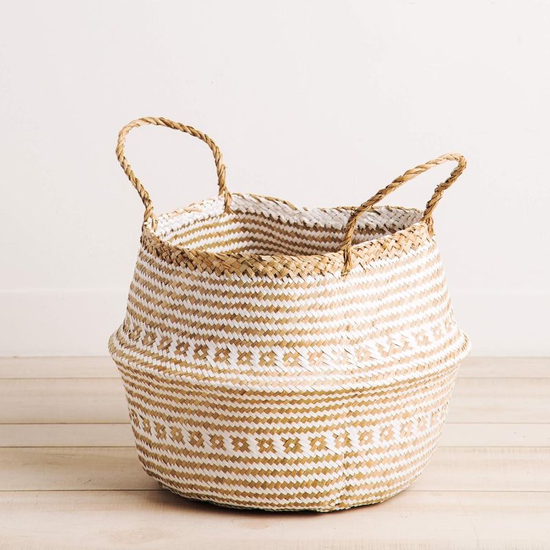 Photo 1 of Natural Woven Multi Purpose Collapsable Seagrass Tote Belly Basket For Storage, Laundry, Plant Pot Cover, Beach Bag, Toy Basket, Blanket Basket