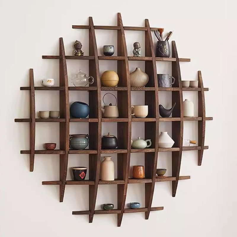 Photo 1 of Solid Wood Chinese Tea Cup Holder, Wall Mounted Teapot Display Stand, Wall Decoration Teaware Shelf Storage Rack for Living Room Kitchen Office Commercial (Dark Walnut, 39x39'')