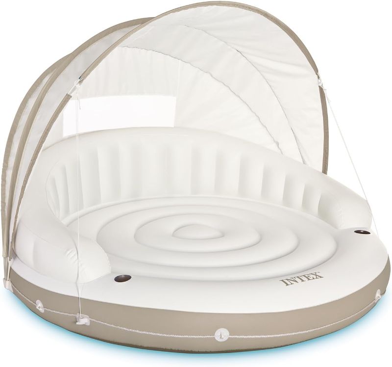 Photo 1 of INTEX 58292EP Canopy Island Inflatable Pool Float: Comfortable Lounge Surface – Built-In Cup Holders – Detachable Sunshade – 440lb Max Weight Capacity – 78.5" x 59"